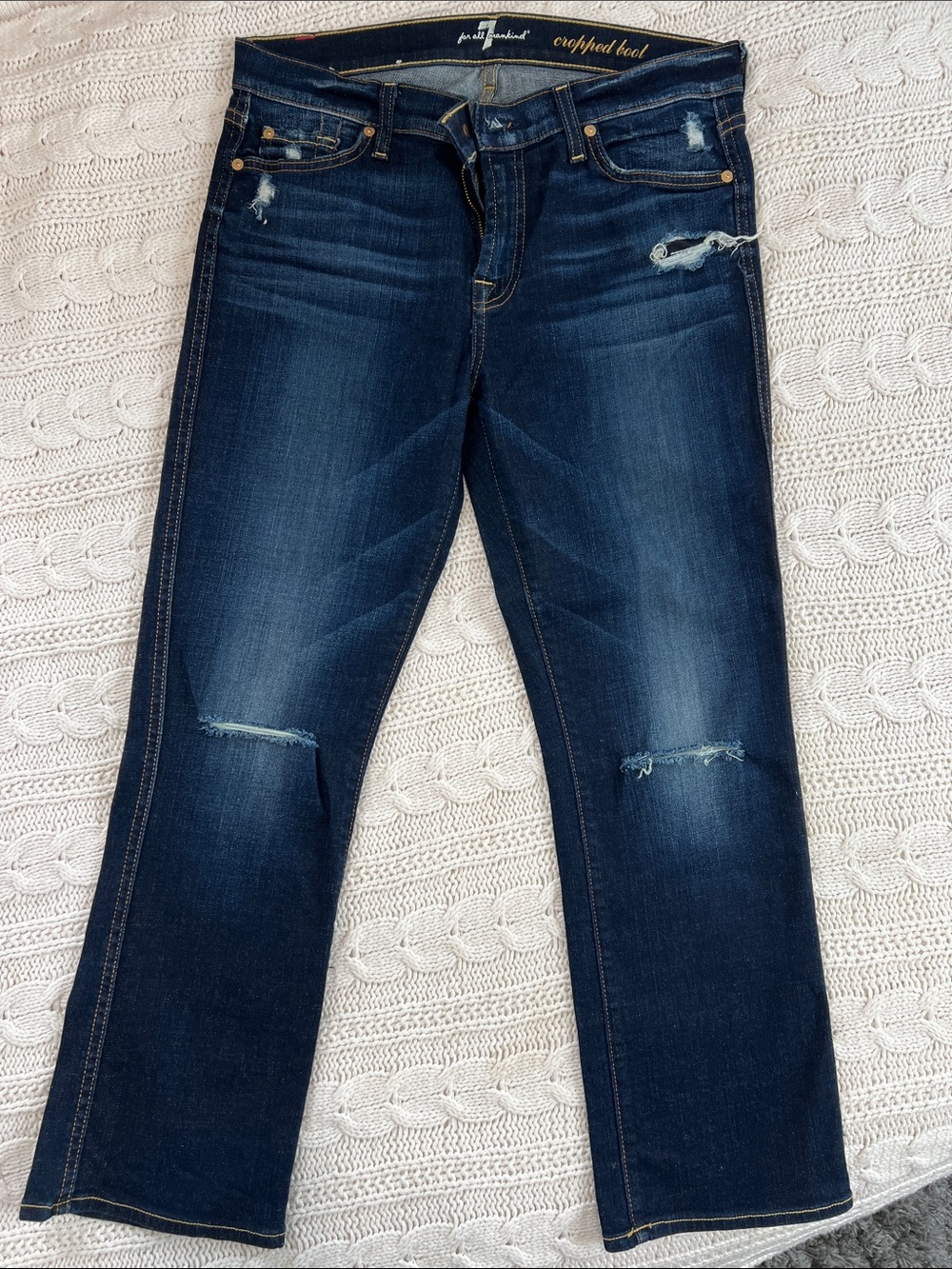 7 For All Mankind Dark Blue Cropped Boot Distressed Jeans